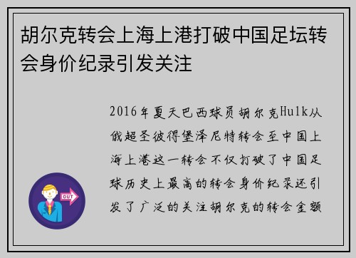 胡尔克转会上海上港打破中国足坛转会身价纪录引发关注