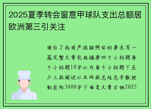 2025夏季转会窗意甲球队支出总额居欧洲第三引关注
